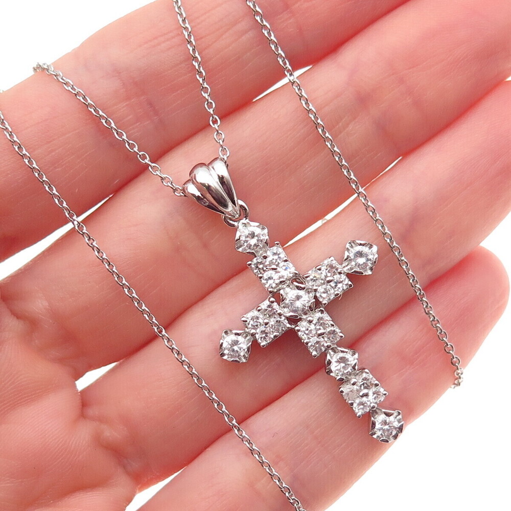 925 Sterling Silver Round-Cut C Z Cross Cable Chain Necklace 18"